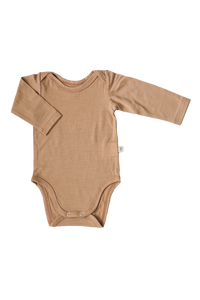Merino Baby Bodysuit made in New Zealand by Wilderling Ltd. in a light brown biscotti Colour